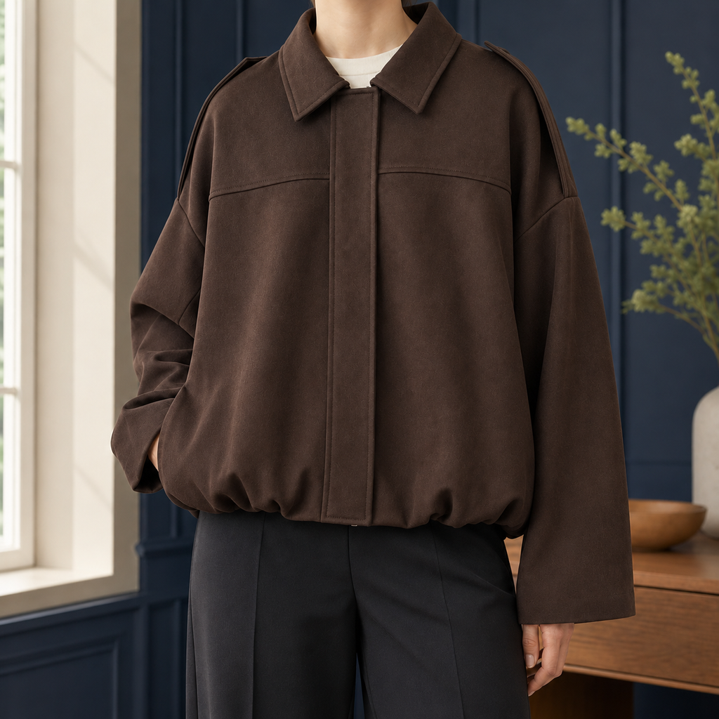 Women's Cropped Bomber Jacket with Bubble Hem – Concealed Zip Jacket with Spread Collar