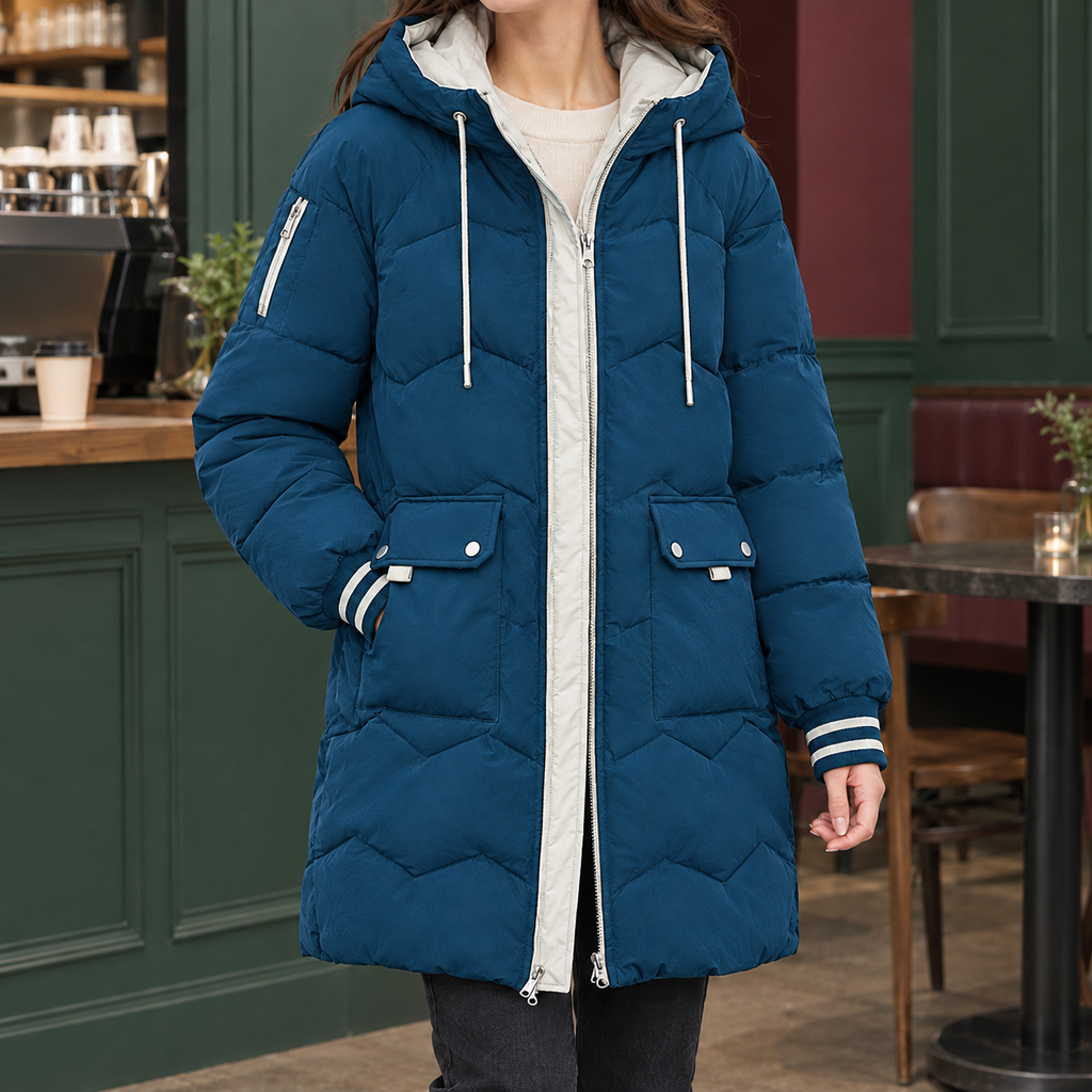 Women's Longline Hooded Puffer Coat – Chevron Quilted Winter Coat with Patch Pockets