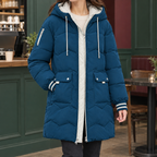 Women's Longline Hooded Puffer Coat – Chevron Quilted Winter Coat with Patch Pockets