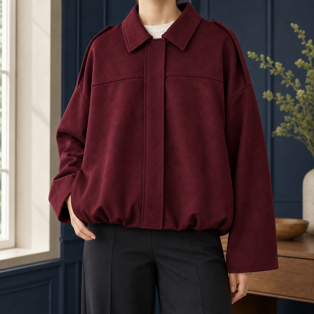 Women's Cropped Bomber Jacket with Bubble Hem – Concealed Zip Jacket with Spread Collar