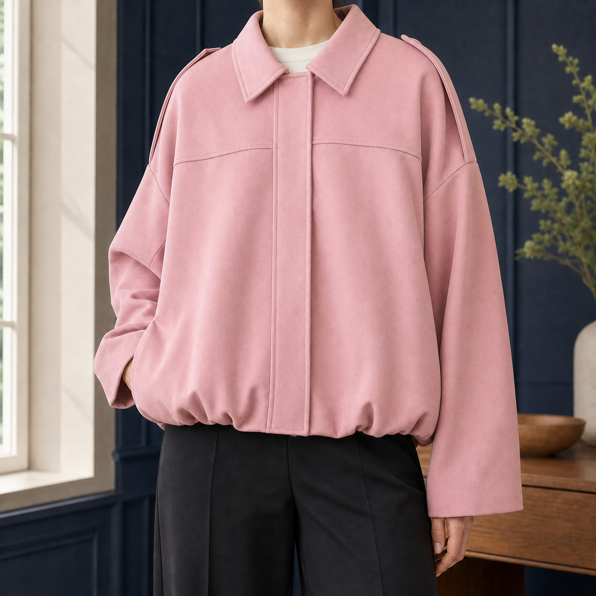 Women's Cropped Bomber Jacket with Bubble Hem – Concealed Zip Jacket with Spread Collar