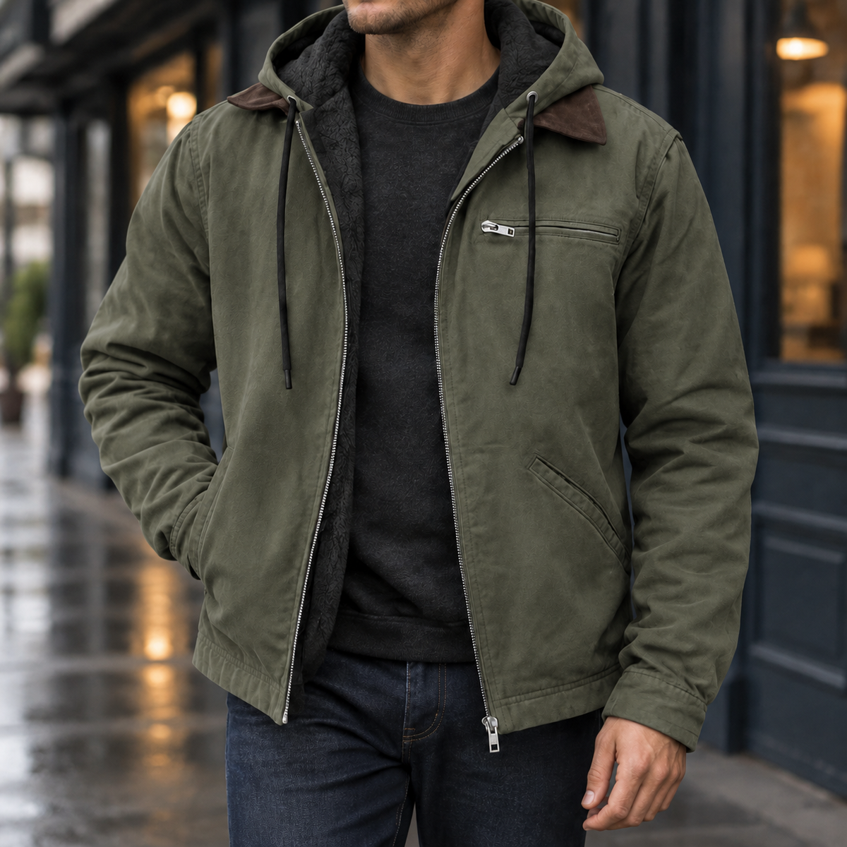 Men's Hooded Zip-Up Jacket – Lined Casual Jacket with Chest Pocket