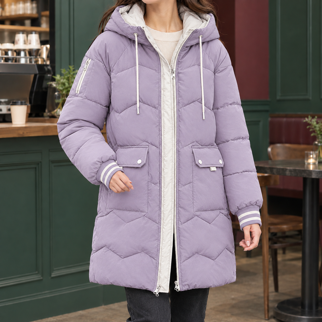 Women's Longline Hooded Puffer Coat – Chevron Quilted Winter Coat with Patch Pockets
