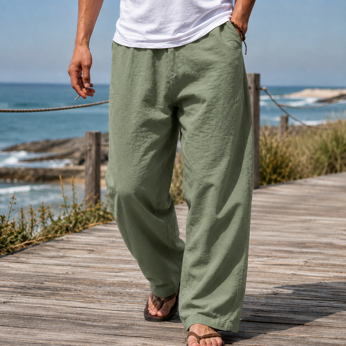 Men's Wide Leg Pants – Relaxed Full Length Casual Trousers with Side Pockets