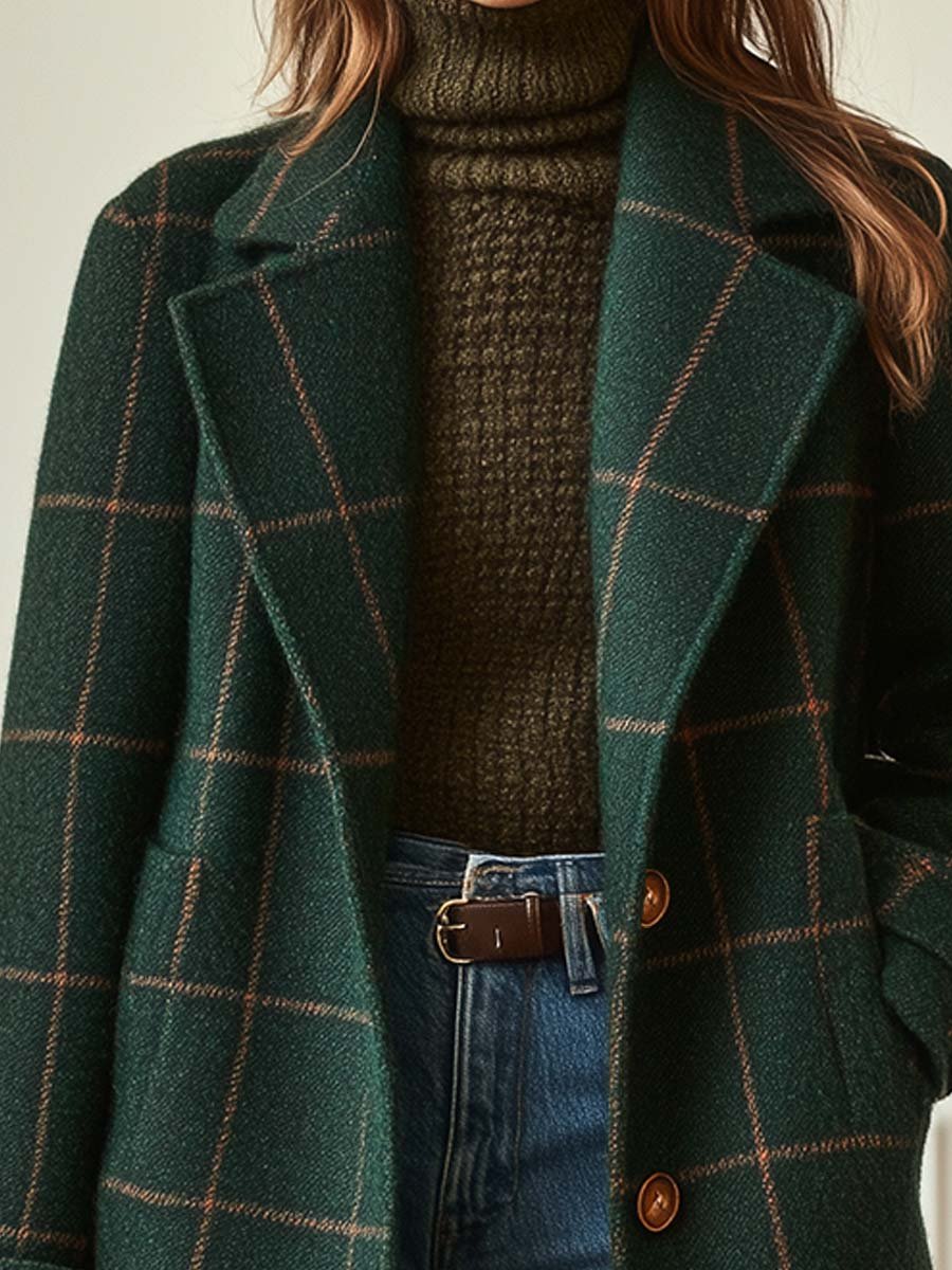 Women's Retro Check Tweed Coat – Wool Blend Lapel Collar Overcoat