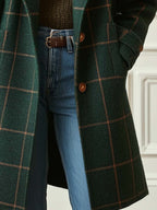 Women's Retro Check Tweed Coat – Wool Blend Lapel Collar Overcoat