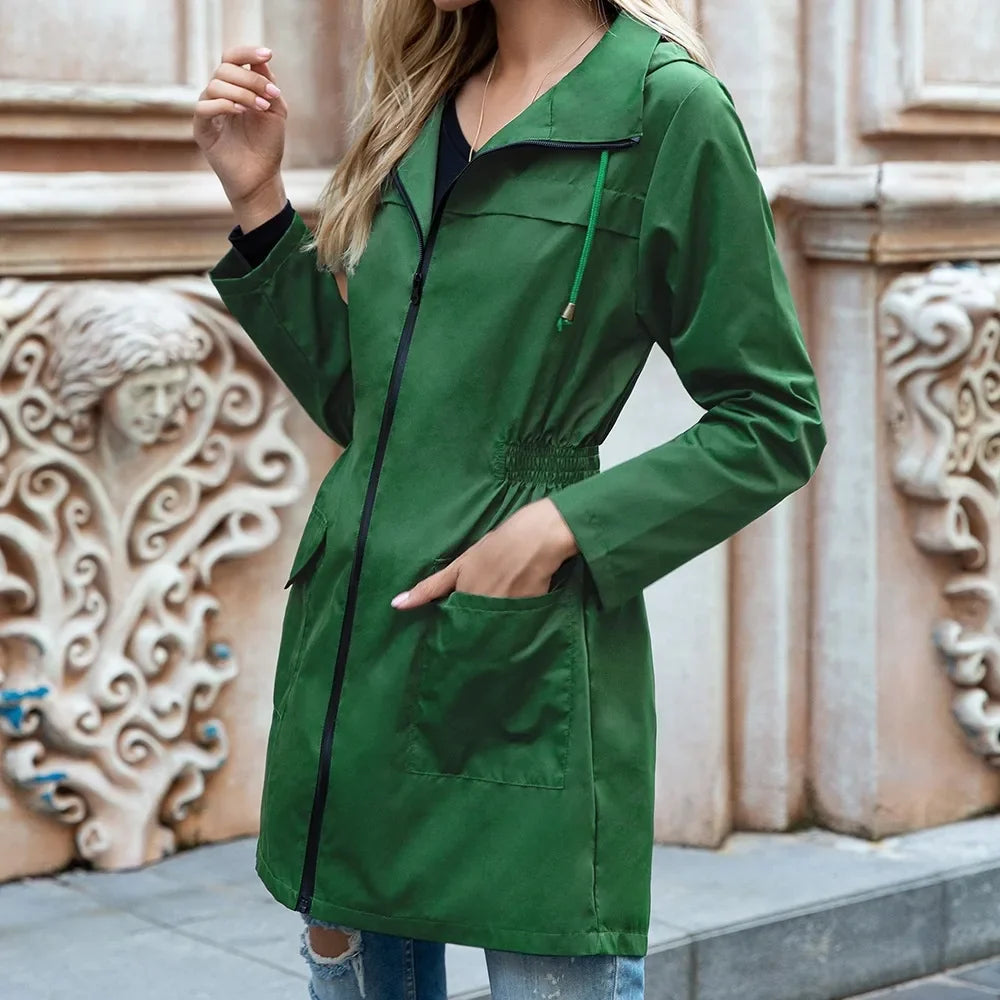 Women's Long Hooded Windbreaker Coat – Lightweight Zip Trench Jacket