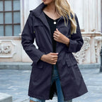 Women's Long Hooded Windbreaker Coat – Lightweight Zip Trench Jacket