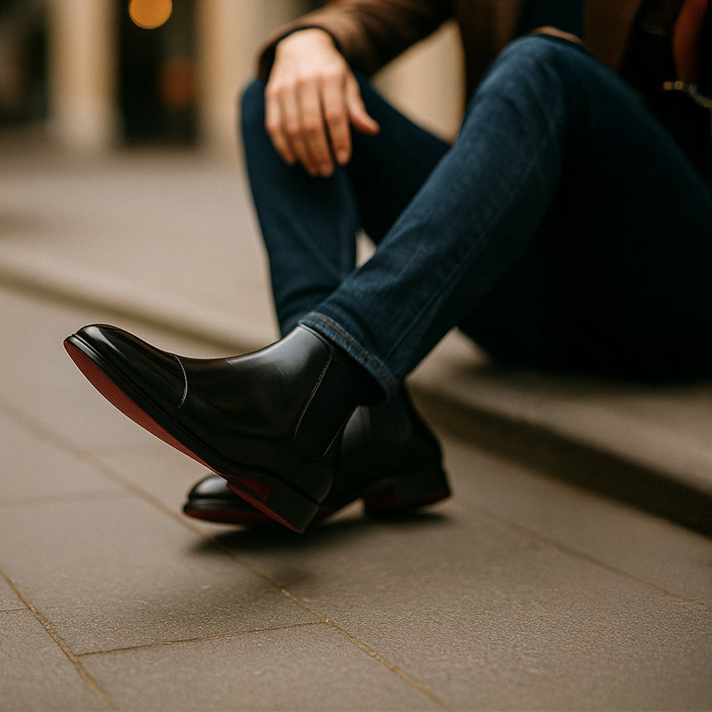 Men's Faux Leather Chelsea Boots – Slip-On Ankle Boots with Red Sole