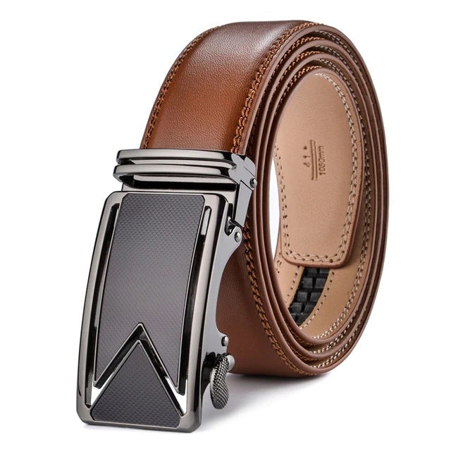 Men's Leather Ratchet Dress Belt – Micro-Adjustable Automatic Buckle Belt