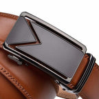 Men's Leather Ratchet Dress Belt – Micro-Adjustable Automatic Buckle Belt