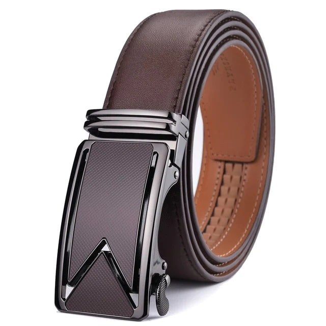 Men's Leather Ratchet Dress Belt – Micro-Adjustable Automatic Buckle Belt