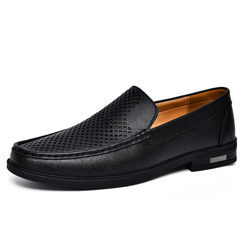 Men's Leather Slip-On Loafers – Casual Perforated Low-Profile Walking Shoes