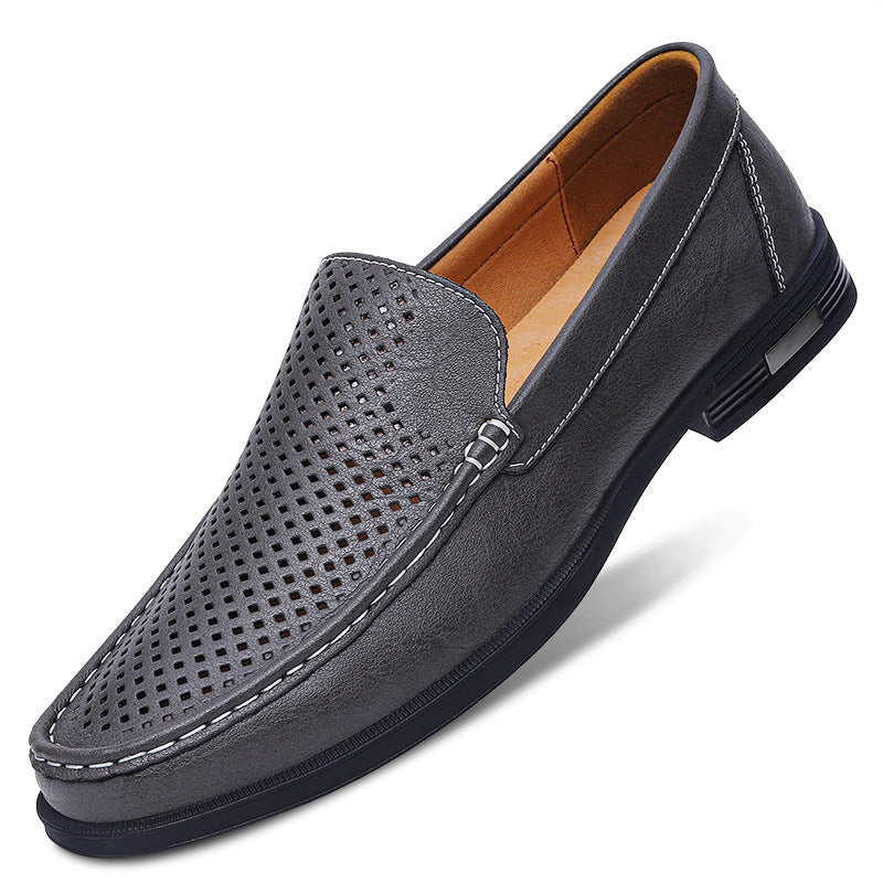 Men's Leather Slip-On Loafers – Casual Perforated Low-Profile Walking Shoes