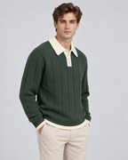 Men's Contrast Collar Knit Polo Sweater – Ribbed Regular Fit Pullover