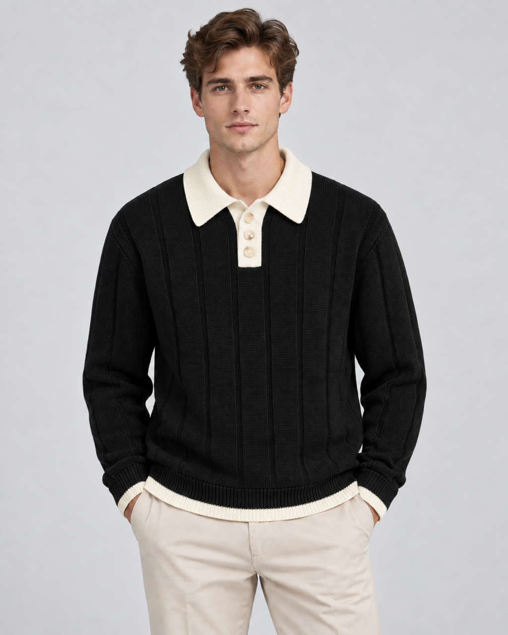 Men's Contrast Collar Knit Polo Sweater – Ribbed Regular Fit Pullover