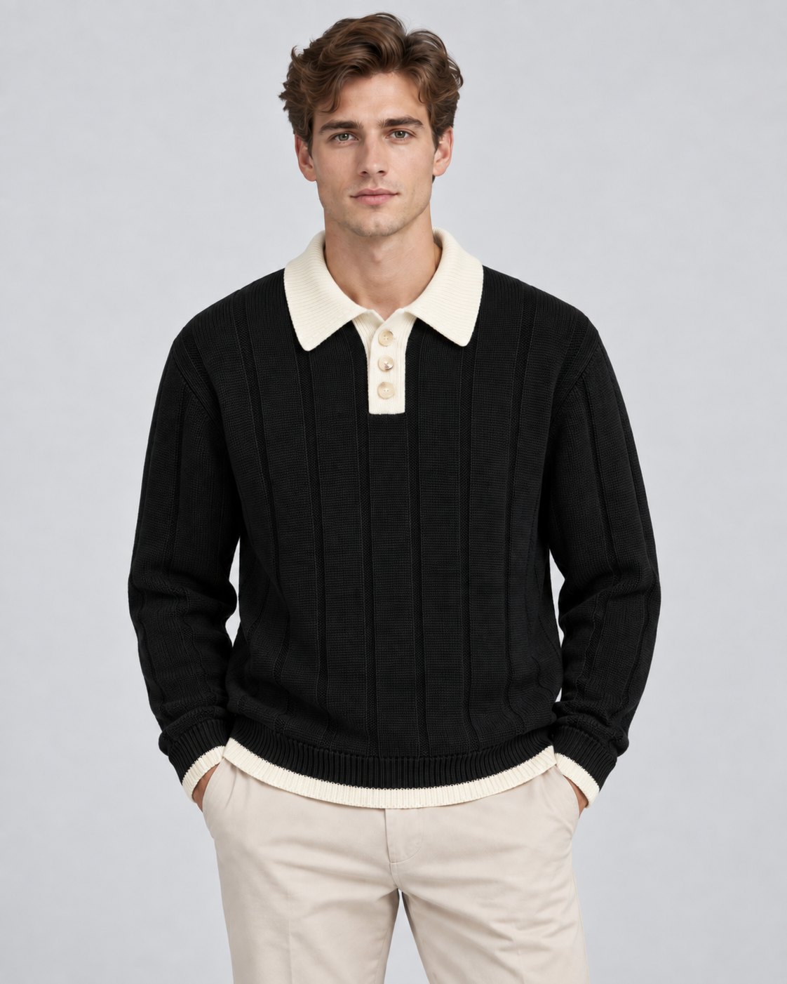 Men's Contrast Collar Knit Polo Sweater – Ribbed Regular Fit Pullover