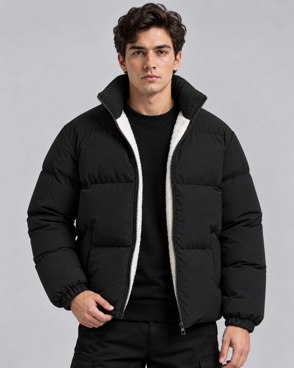 Men's Fleece-Lined Puffer Jacket – Funnel Neck Quilted Zip-Up