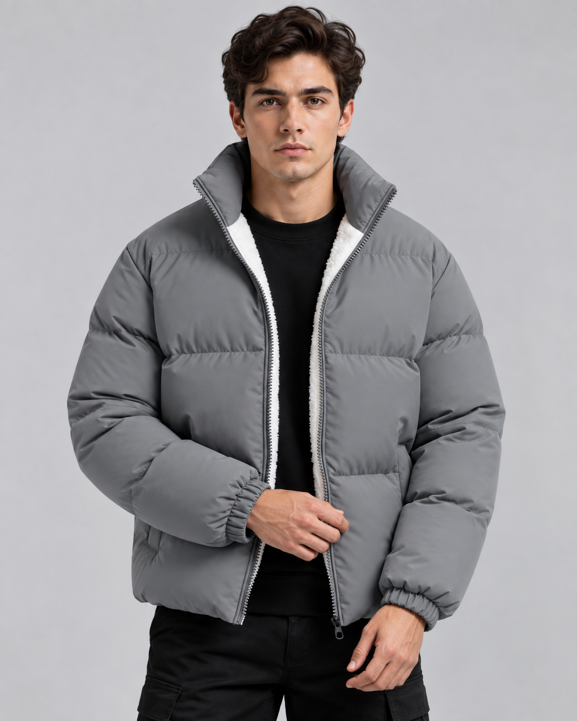 Men's Fleece-Lined Puffer Jacket – Funnel Neck Quilted Zip-Up