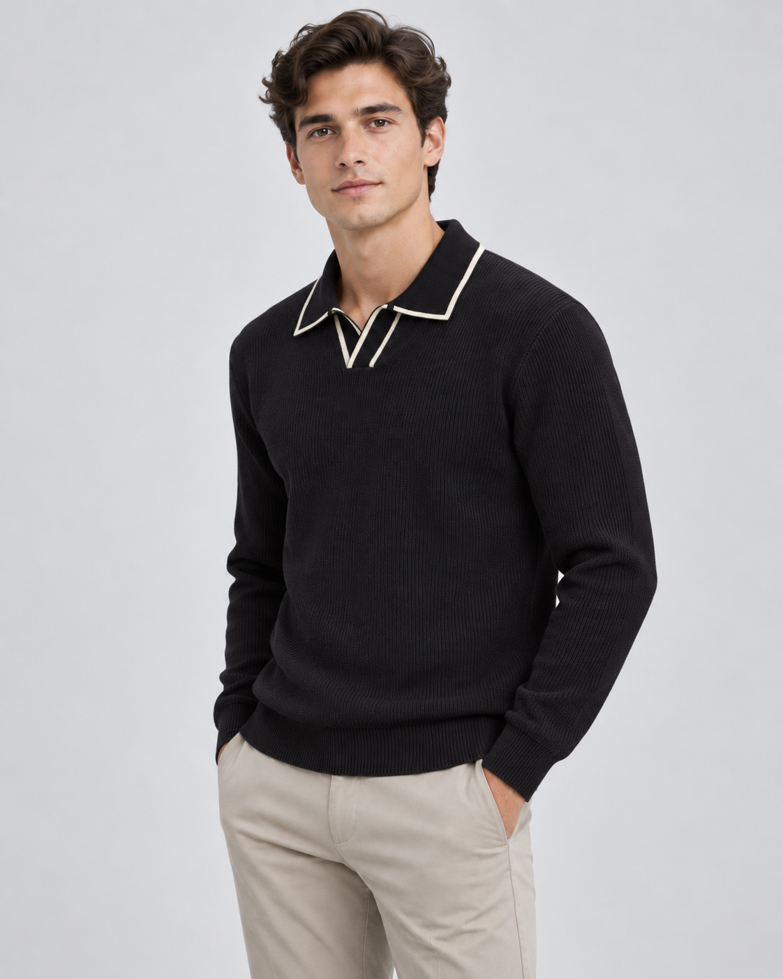 Men's Johnny Collar Knit Polo Sweater – Ribbed Long Sleeve Pullover