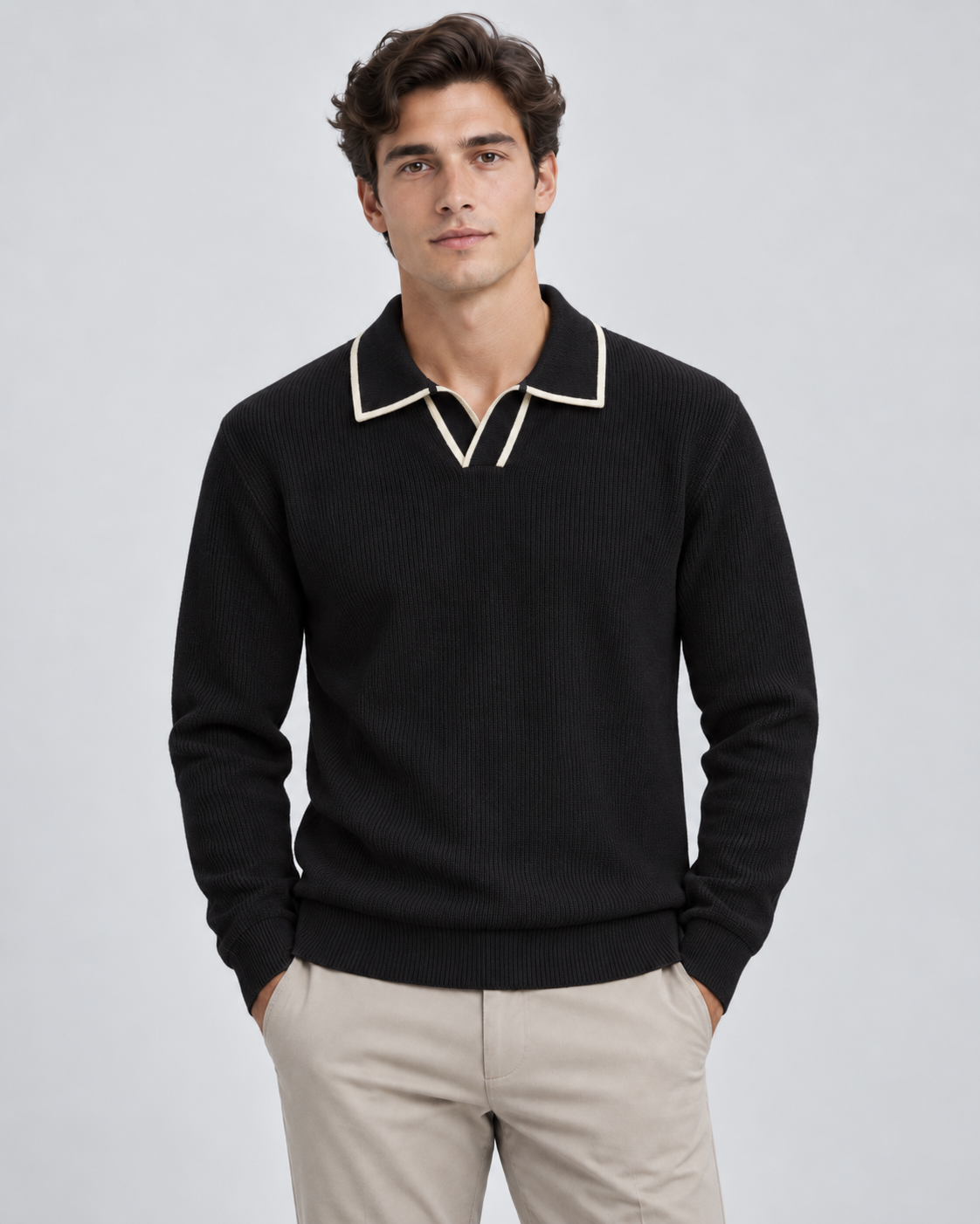 Men's Johnny Collar Knit Polo Sweater – Ribbed Long Sleeve Pullover