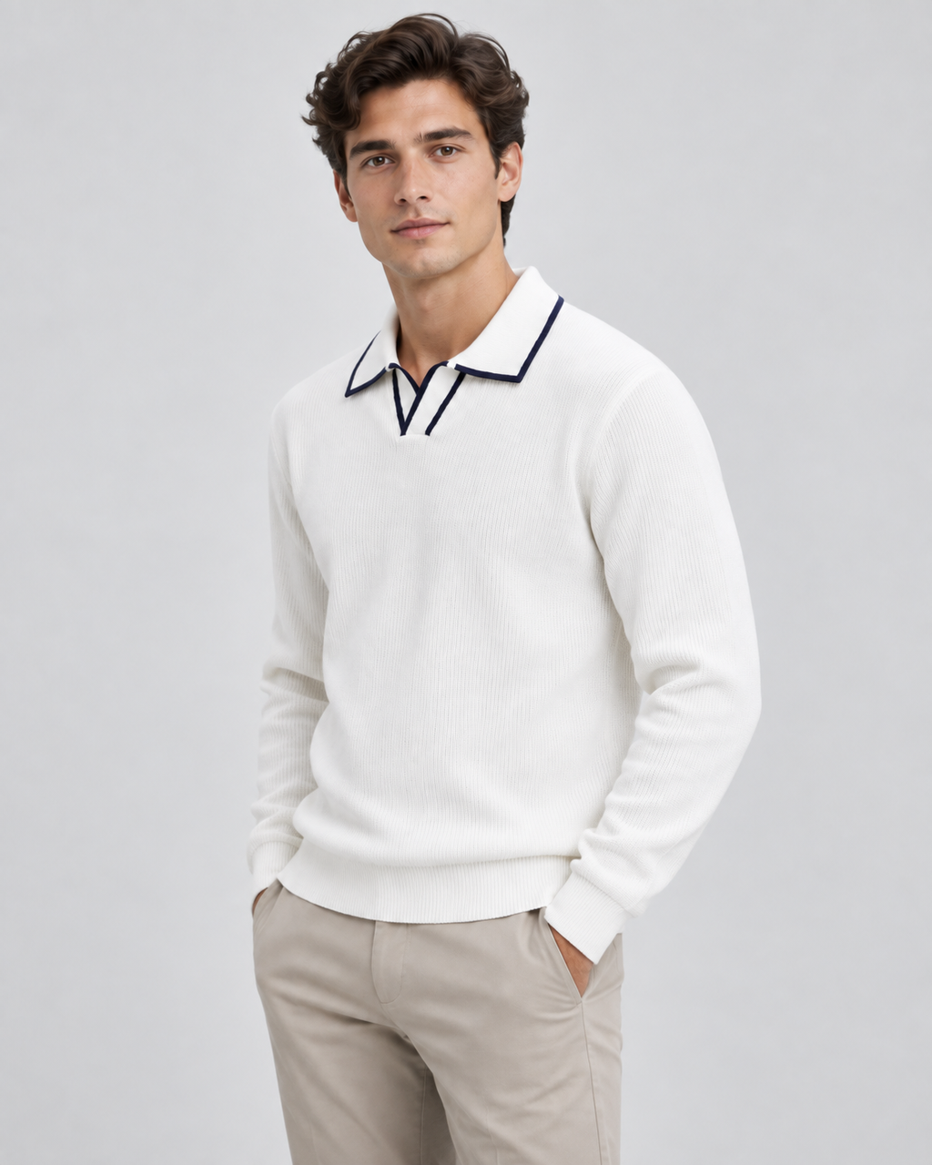 Men's Johnny Collar Knit Polo Sweater – Ribbed Long Sleeve Pullover