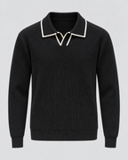 Men's Johnny Collar Knit Polo Sweater – Ribbed Long Sleeve Pullover