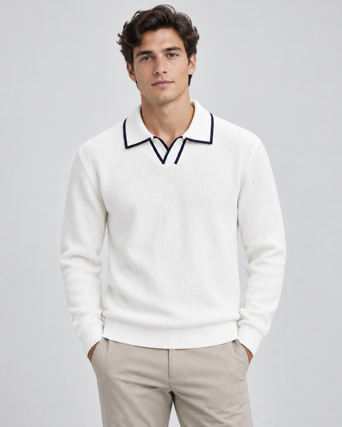 Men's Johnny Collar Knit Polo Sweater – Ribbed Long Sleeve Pullover
