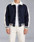 Men's Varsity Jacket – Contrast Stripe Snap-Button Relaxed Fit