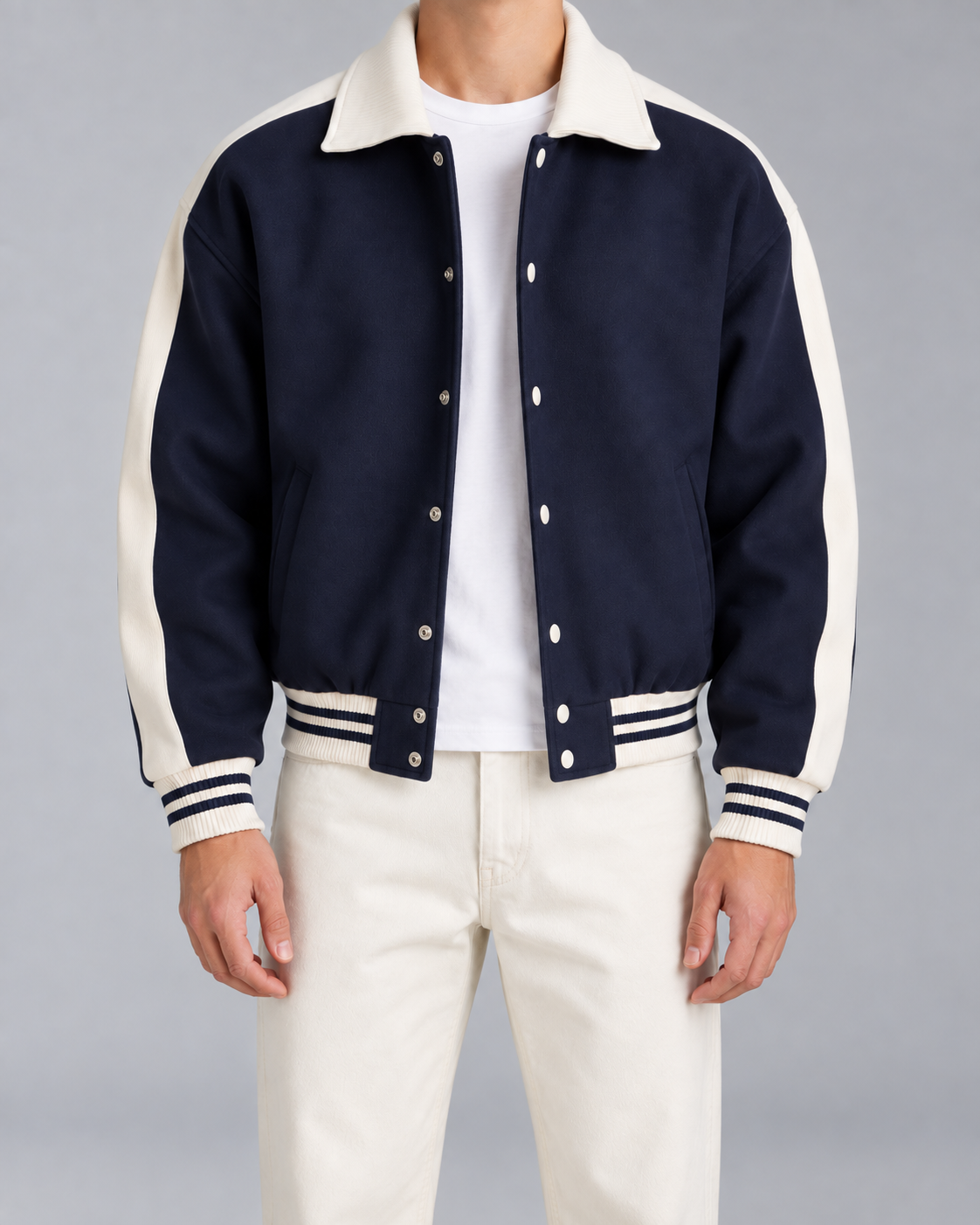 Men's Varsity Jacket – Contrast Stripe Snap-Button Relaxed Fit