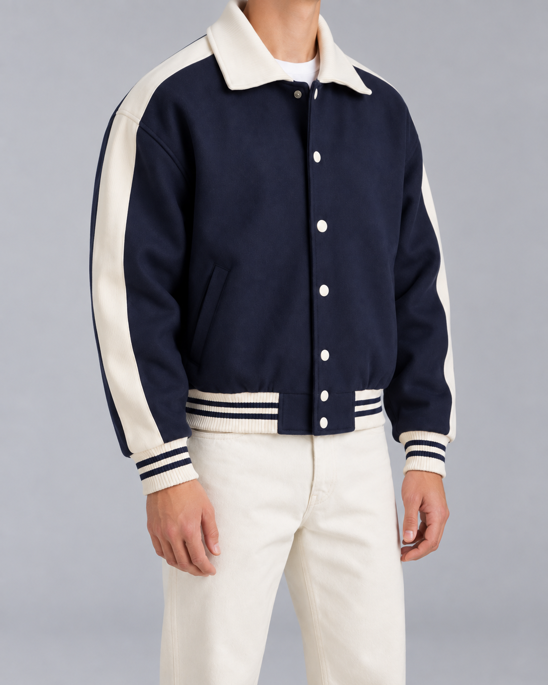 Men's Varsity Jacket – Contrast Stripe Snap-Button Relaxed Fit