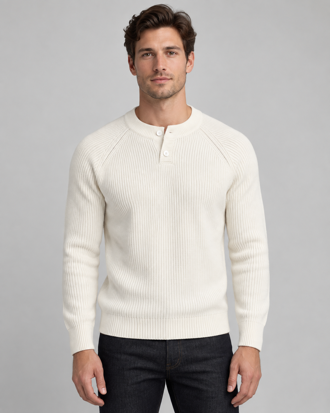 Men's Ribbed Henley Sweater – Button Placket Raglan Sleeve Pullover