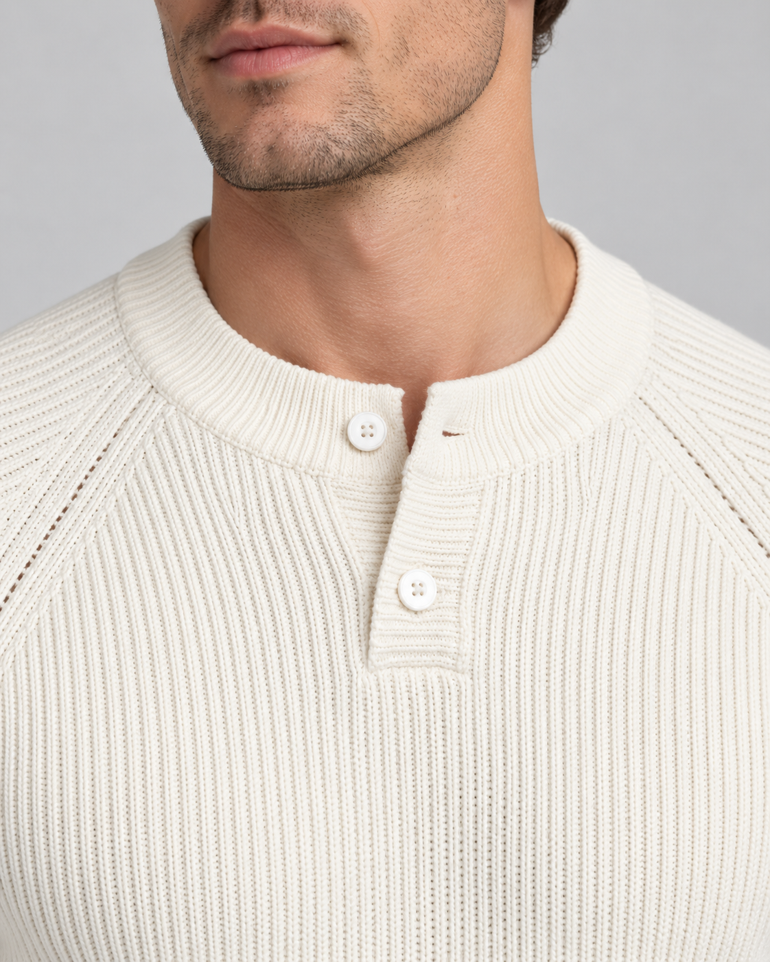 Men's Ribbed Henley Sweater – Button Placket Raglan Sleeve Pullover