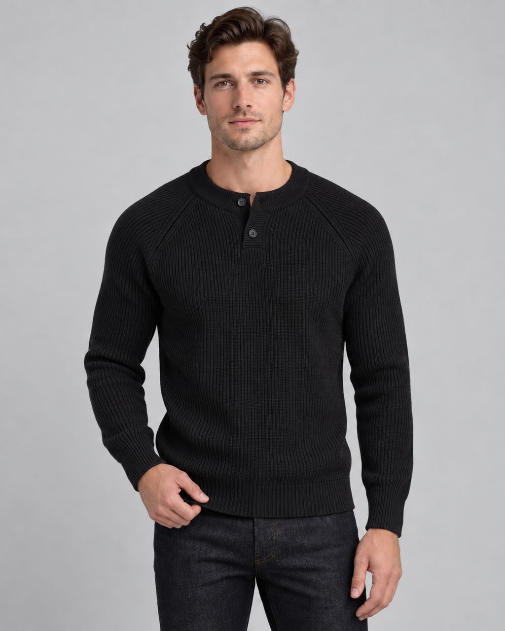 Men's Ribbed Henley Sweater – Button Placket Raglan Sleeve Pullover