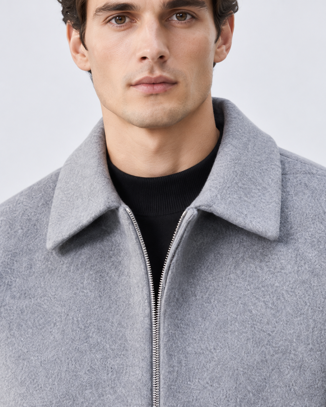 Men's Short Brushed Zip Jacket – Point Collar Boxy Fit Winter Layer