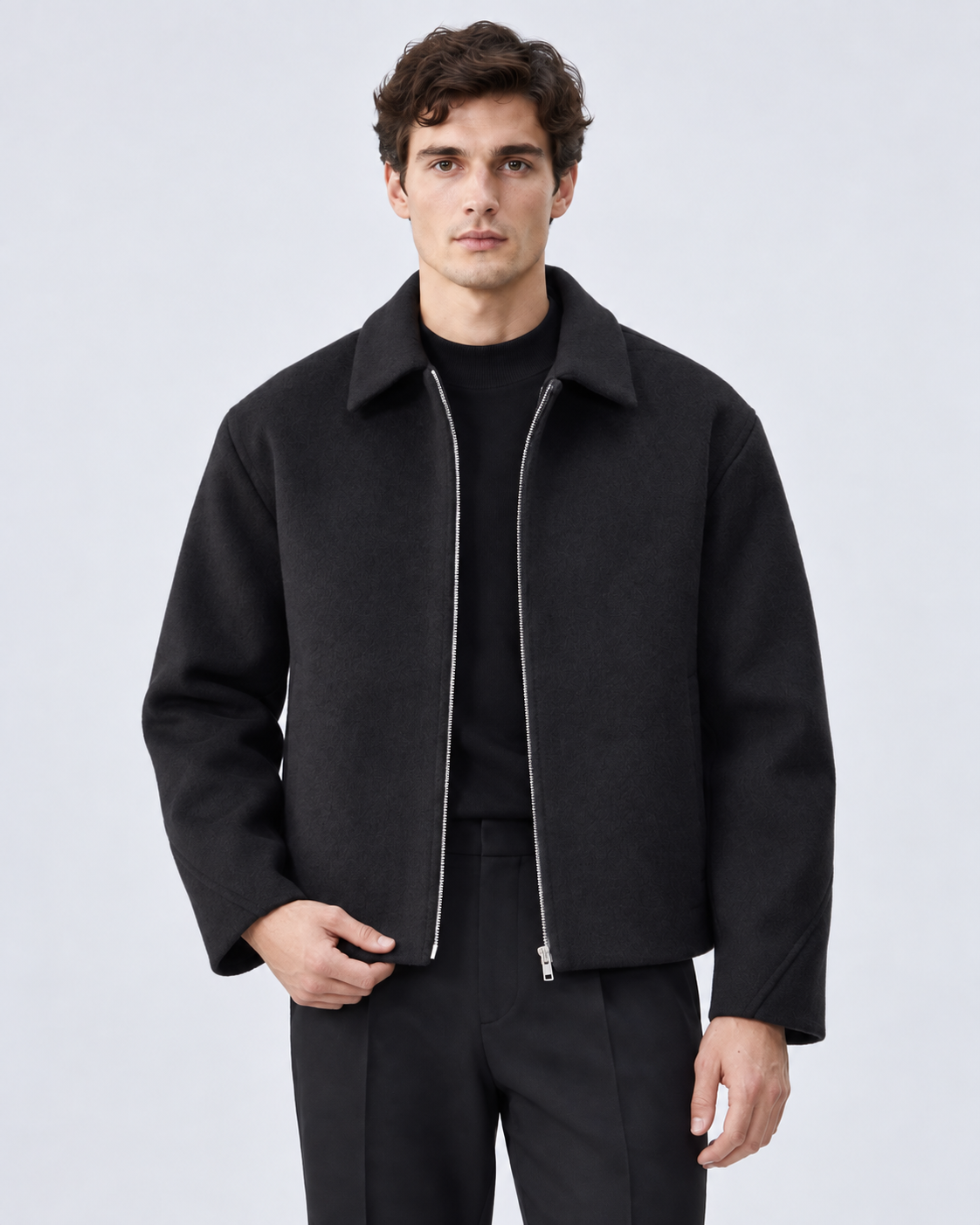 Men's Short Brushed Zip Jacket – Point Collar Boxy Fit Winter Layer