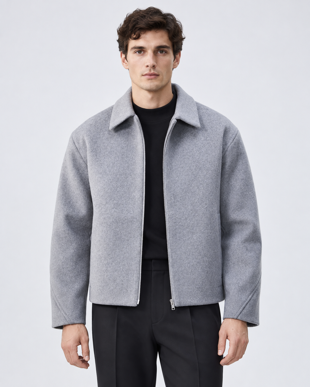 Men's Short Brushed Zip Jacket – Point Collar Boxy Fit Winter Layer