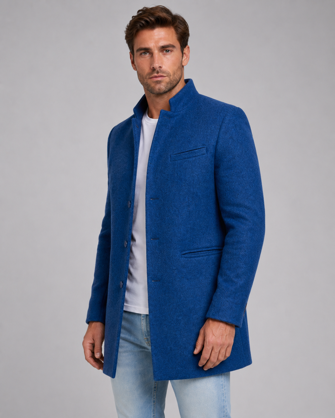 Men's Stand Collar Wool Coat – Single-Breasted Mid-Length Overcoat