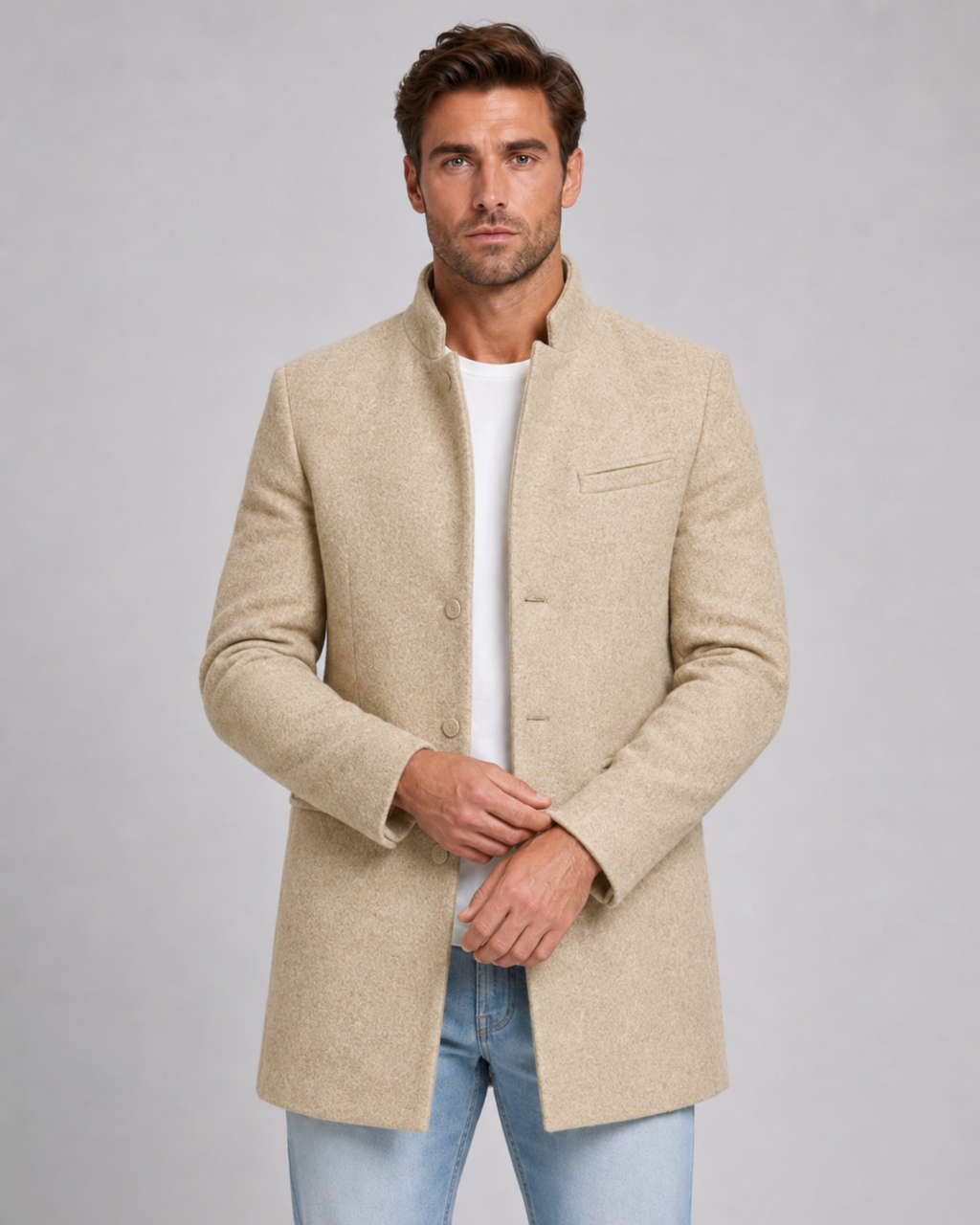 Men's Stand Collar Wool Coat – Single-Breasted Mid-Length Overcoat