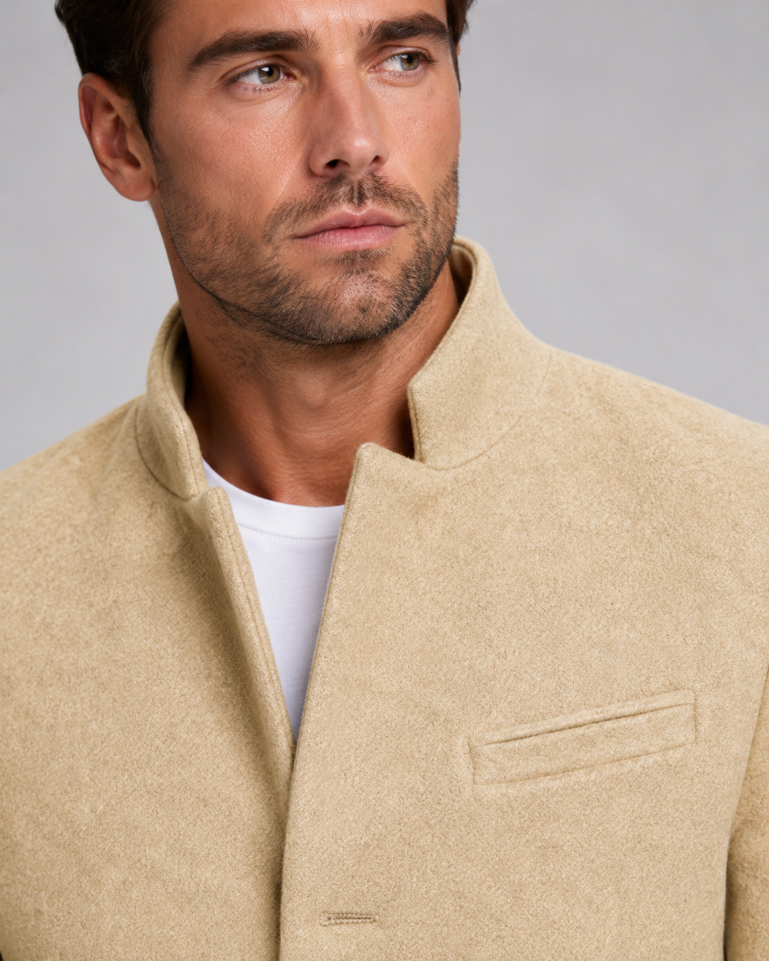 Men's Stand Collar Wool Coat – Single-Breasted Mid-Length Overcoat
