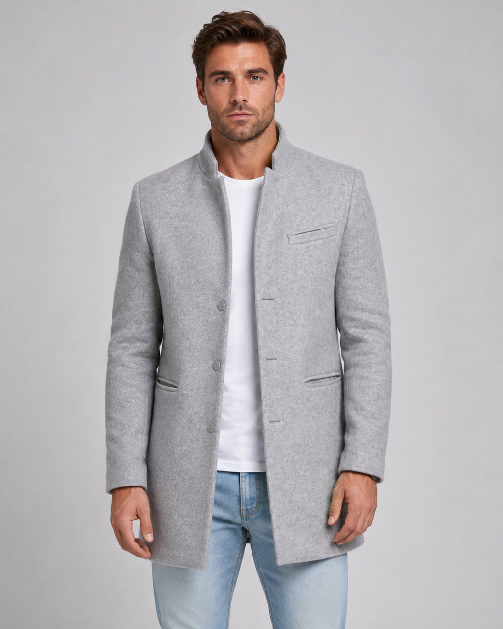 Men's Stand Collar Wool Coat – Single-Breasted Mid-Length Overcoat