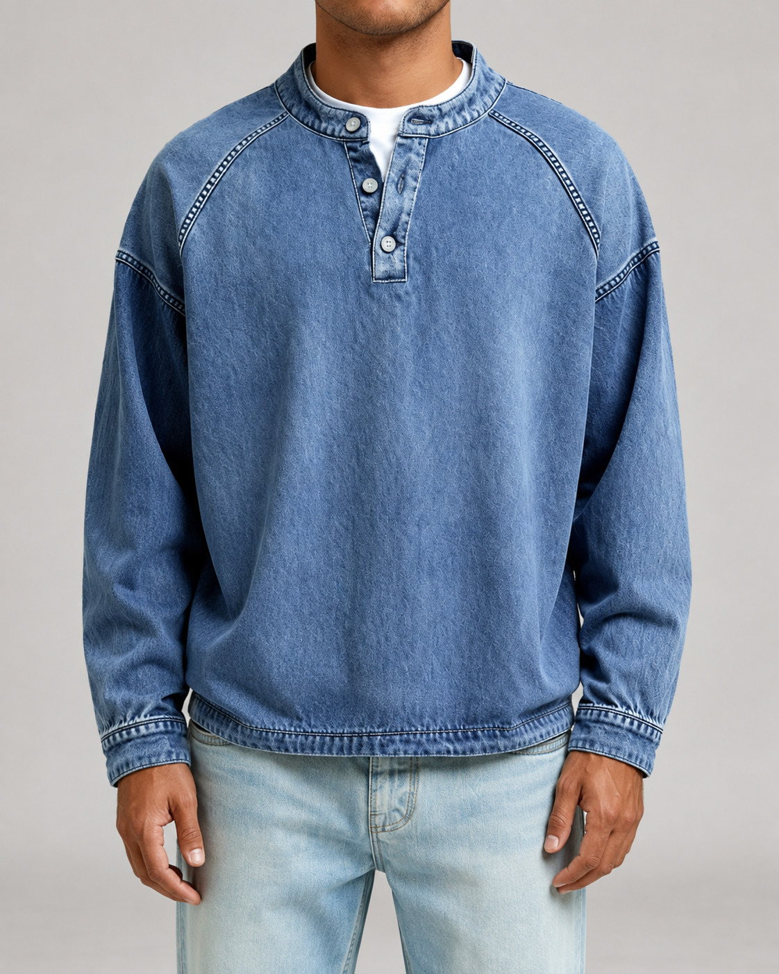 Men's Garment-Dyed Henley Sweatshirt – Relaxed Raglan Pullover