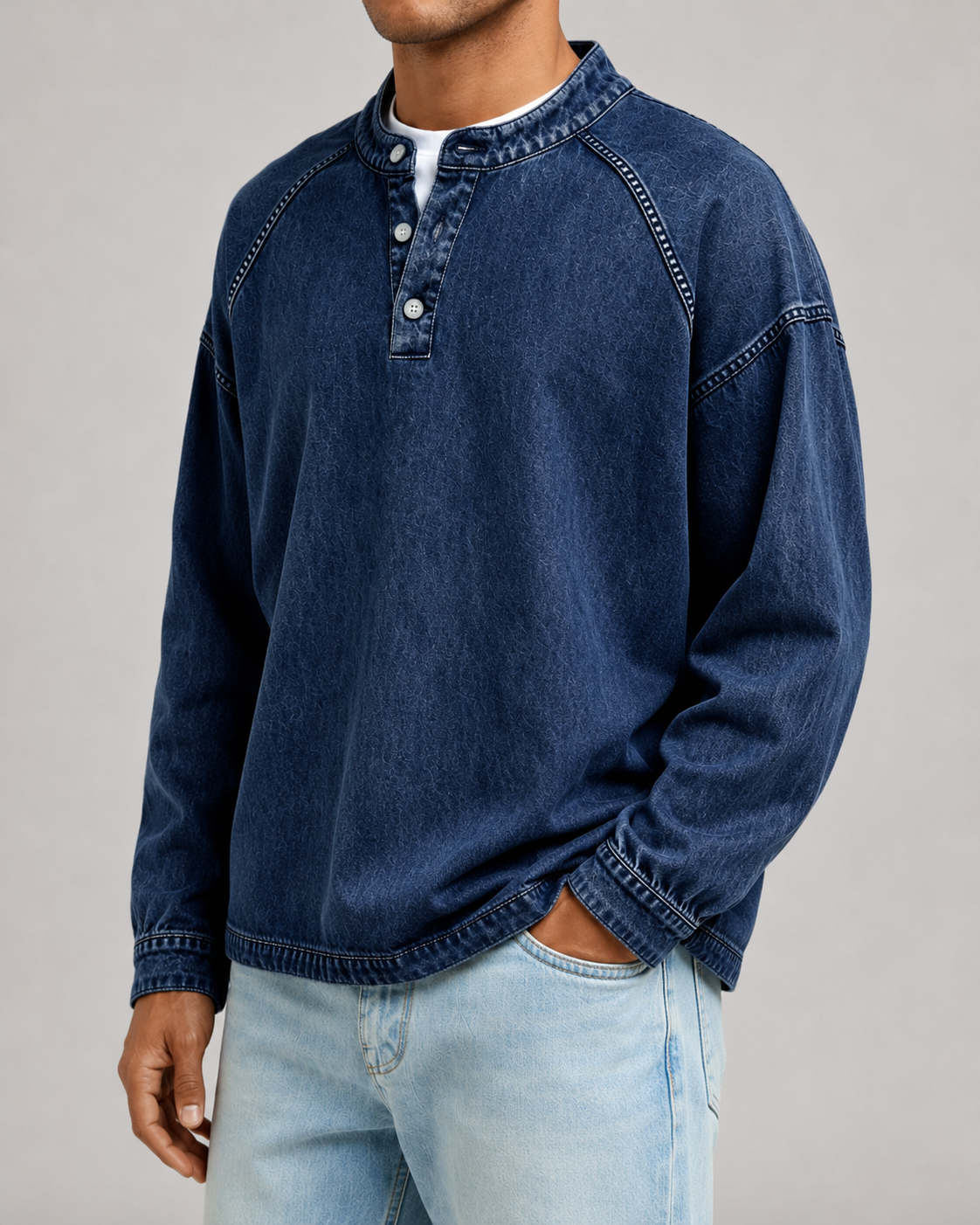 Men's Garment-Dyed Henley Sweatshirt – Relaxed Raglan Pullover