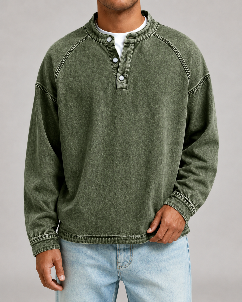 Men's Garment-Dyed Henley Sweatshirt – Relaxed Raglan Pullover