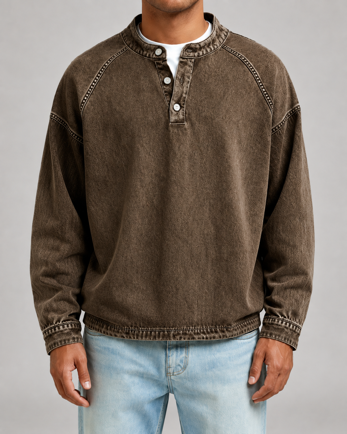 Men's Garment-Dyed Henley Sweatshirt – Relaxed Raglan Pullover