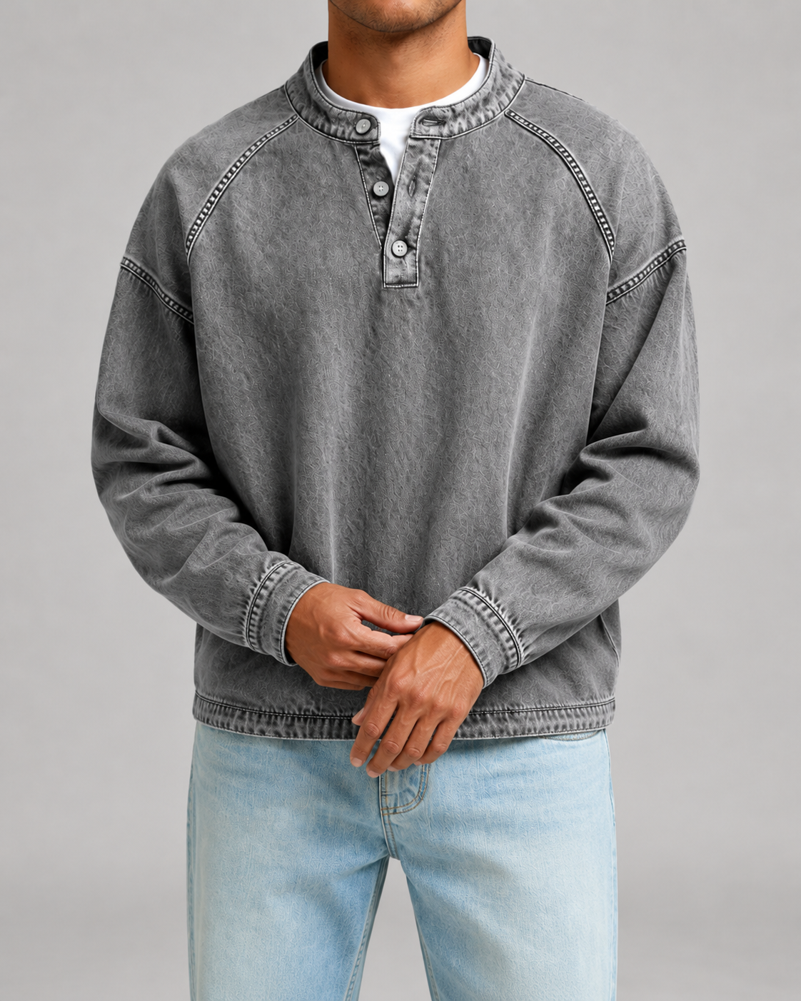 Men's Garment-Dyed Henley Sweatshirt – Relaxed Raglan Pullover
