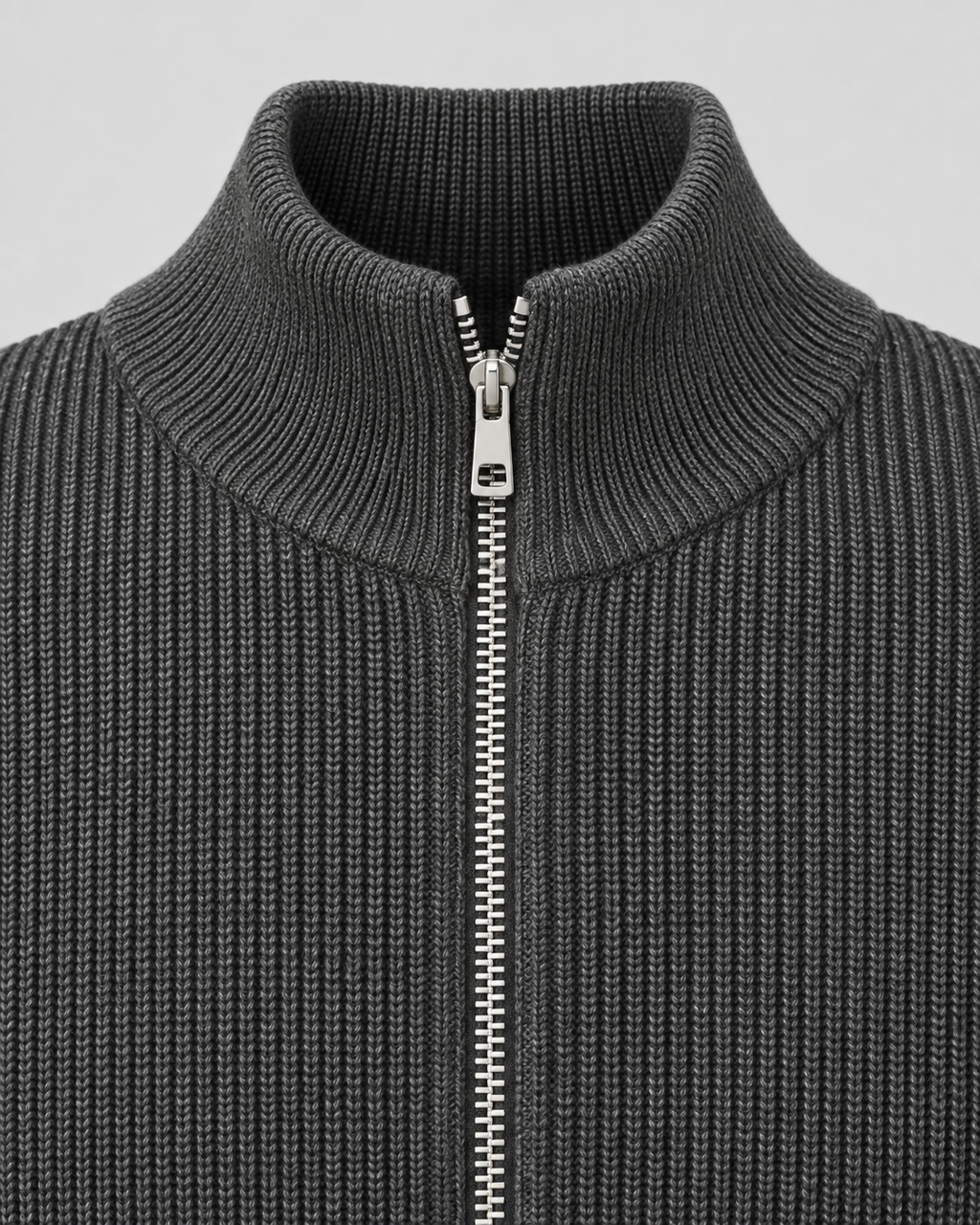Men's Full-Zip Knit Sweater – Ribbed Stand Collar Cardigan