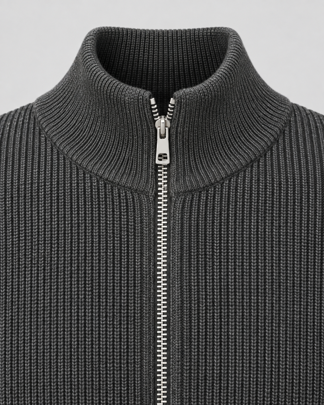Men's Full-Zip Knit Sweater – Ribbed Stand Collar Cardigan