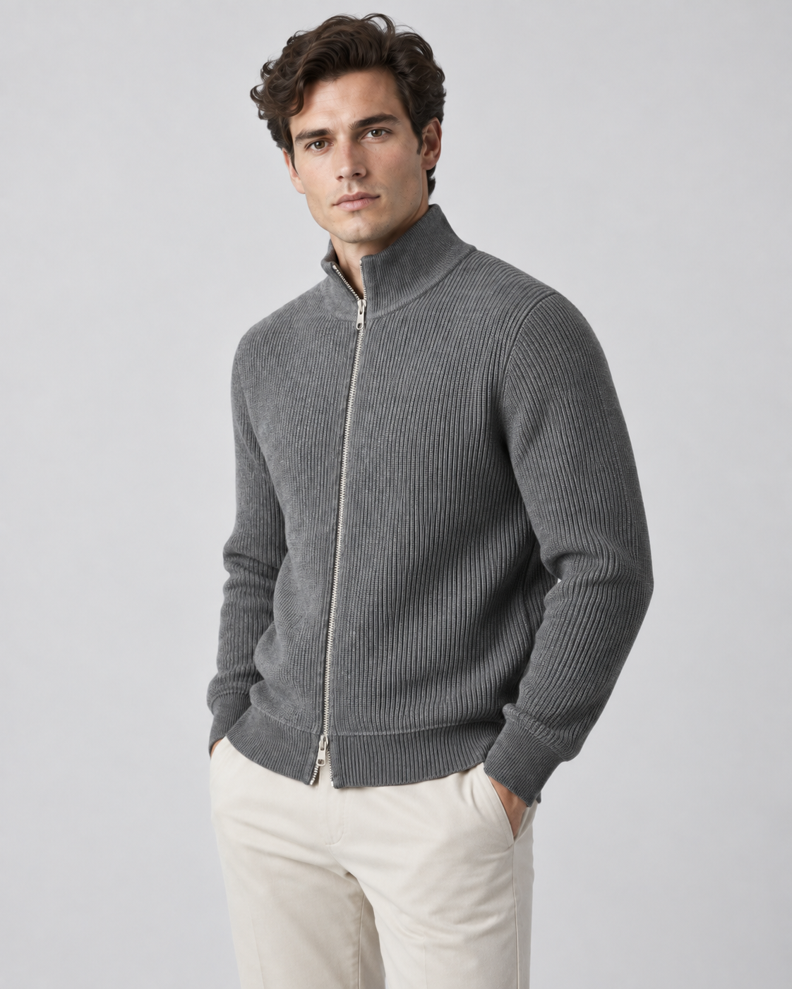 Men's Full-Zip Knit Sweater – Ribbed Stand Collar Cardigan