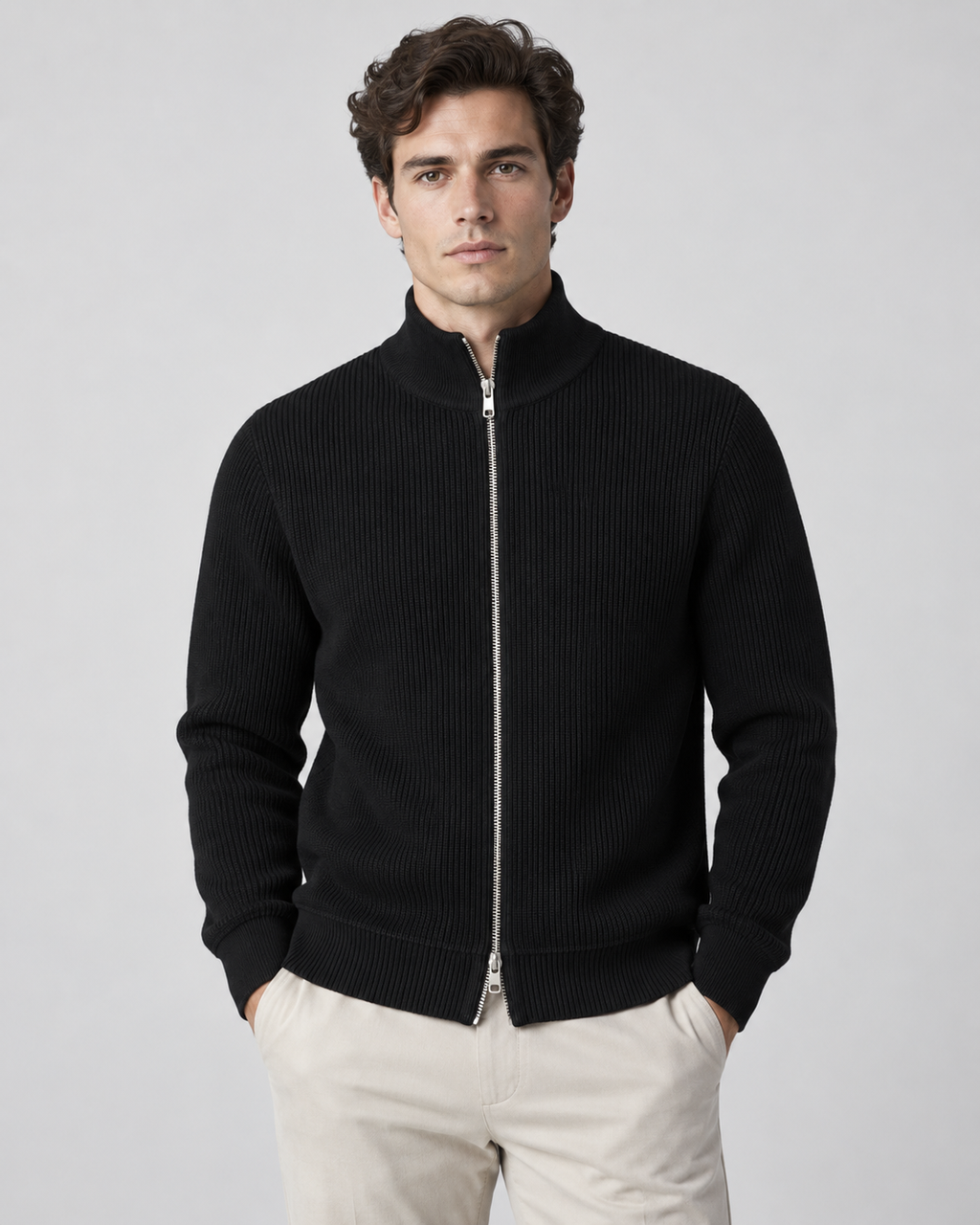 Men's Full-Zip Knit Sweater – Ribbed Stand Collar Cardigan